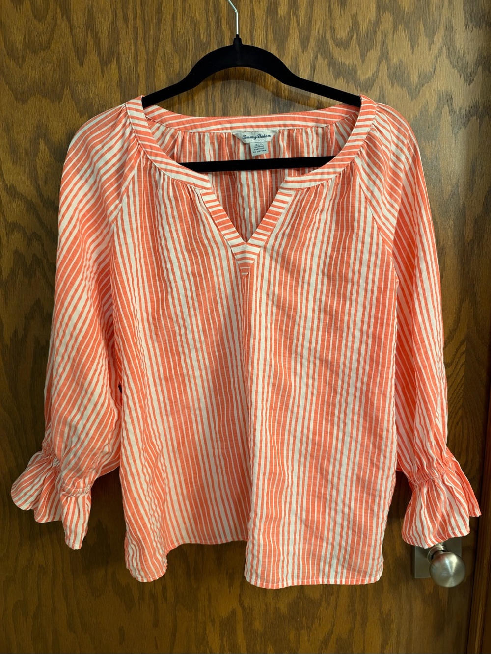 Tommy Bahama Coral & White Striped Blouse - Size Small -Small nick/hole